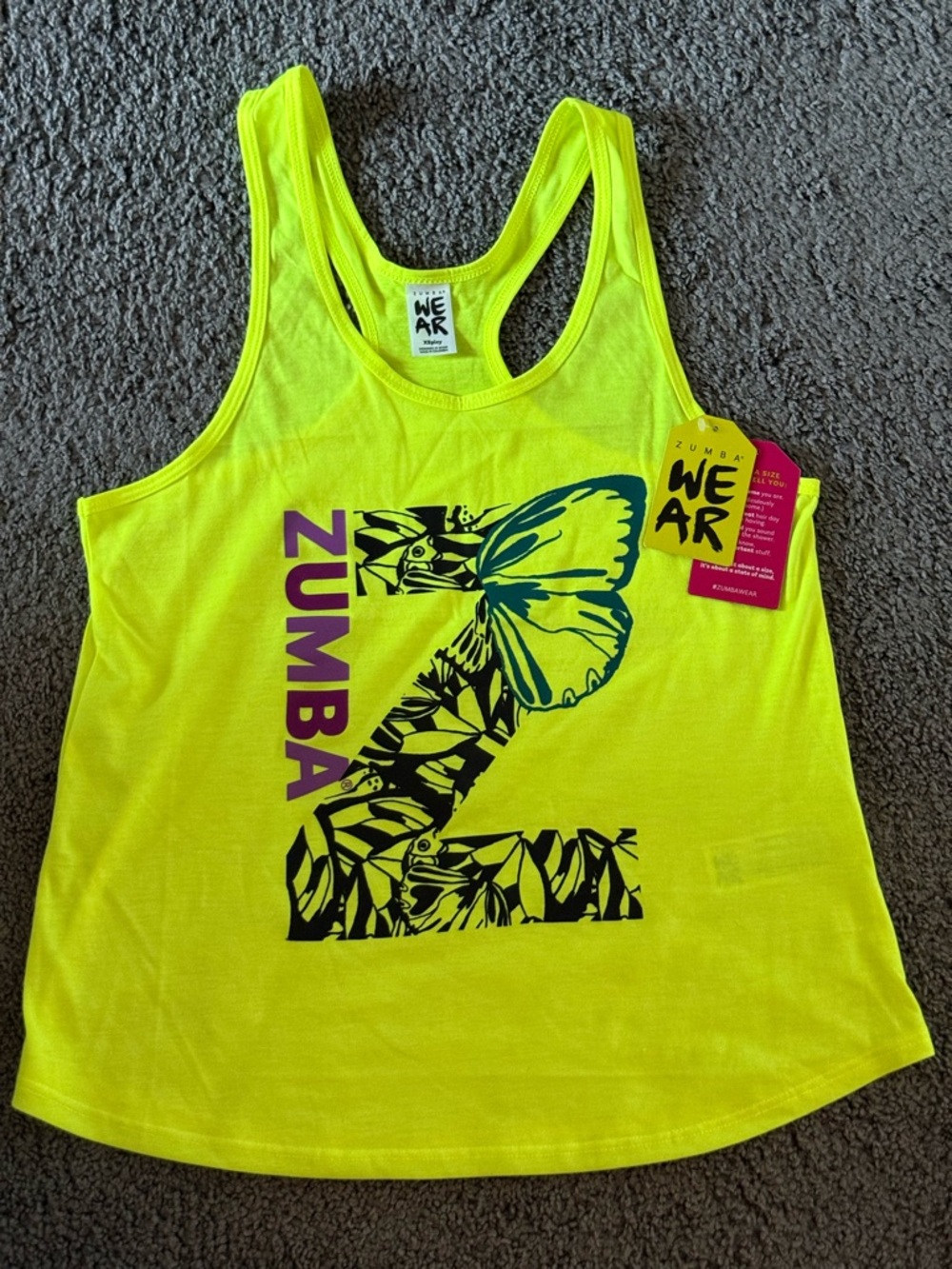 Zumba Fitness Neon Yellow Butterfly Graphic Racerback Tank